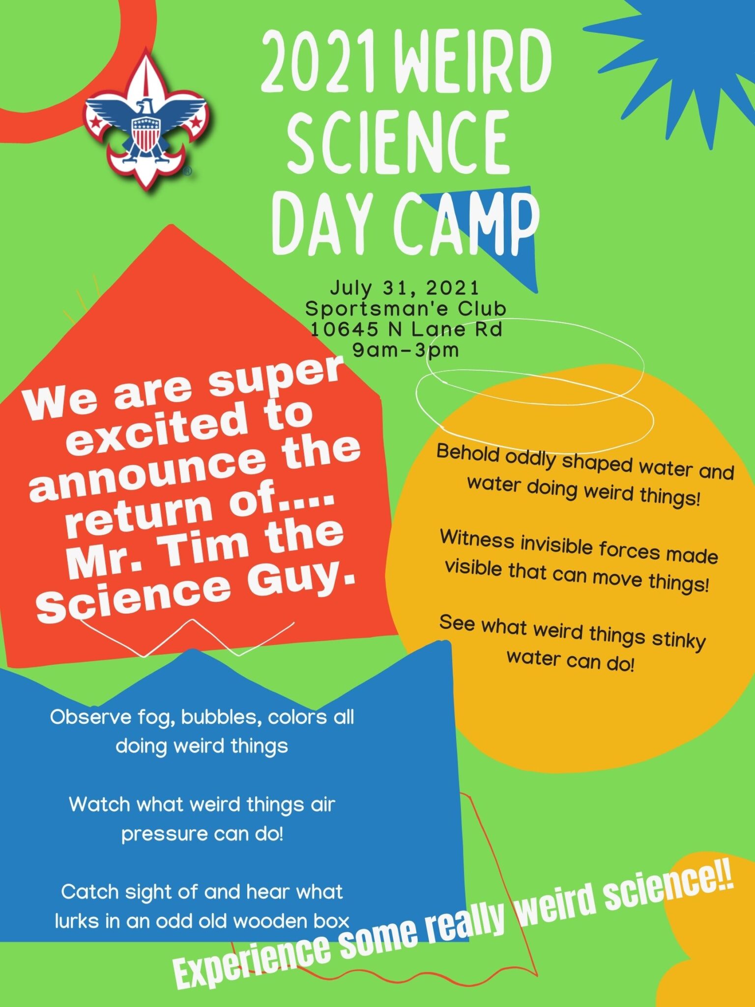 Weird Science Day Camp flyer Sequoia Council Boy Scouts of America